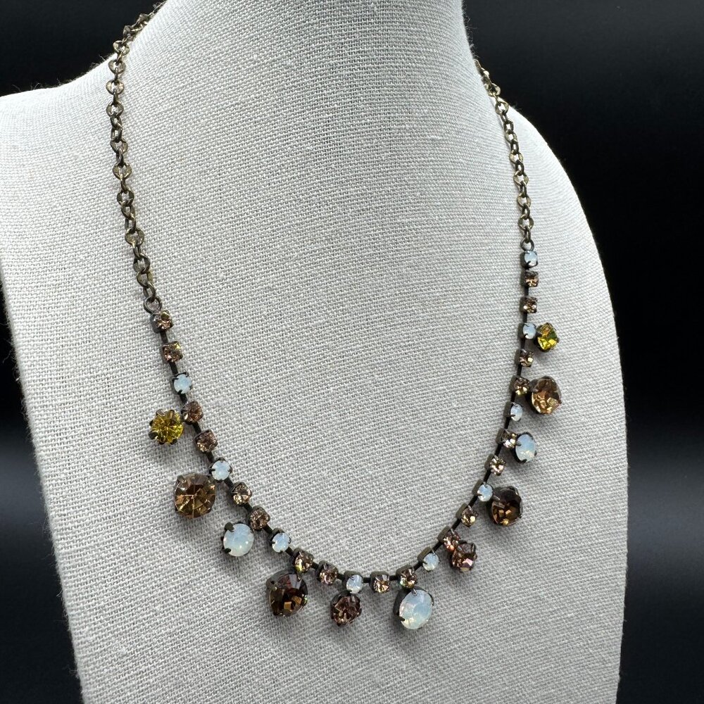 Bronze Tone Necklace Smokey Brown and White Opal-like Stones 16 inches